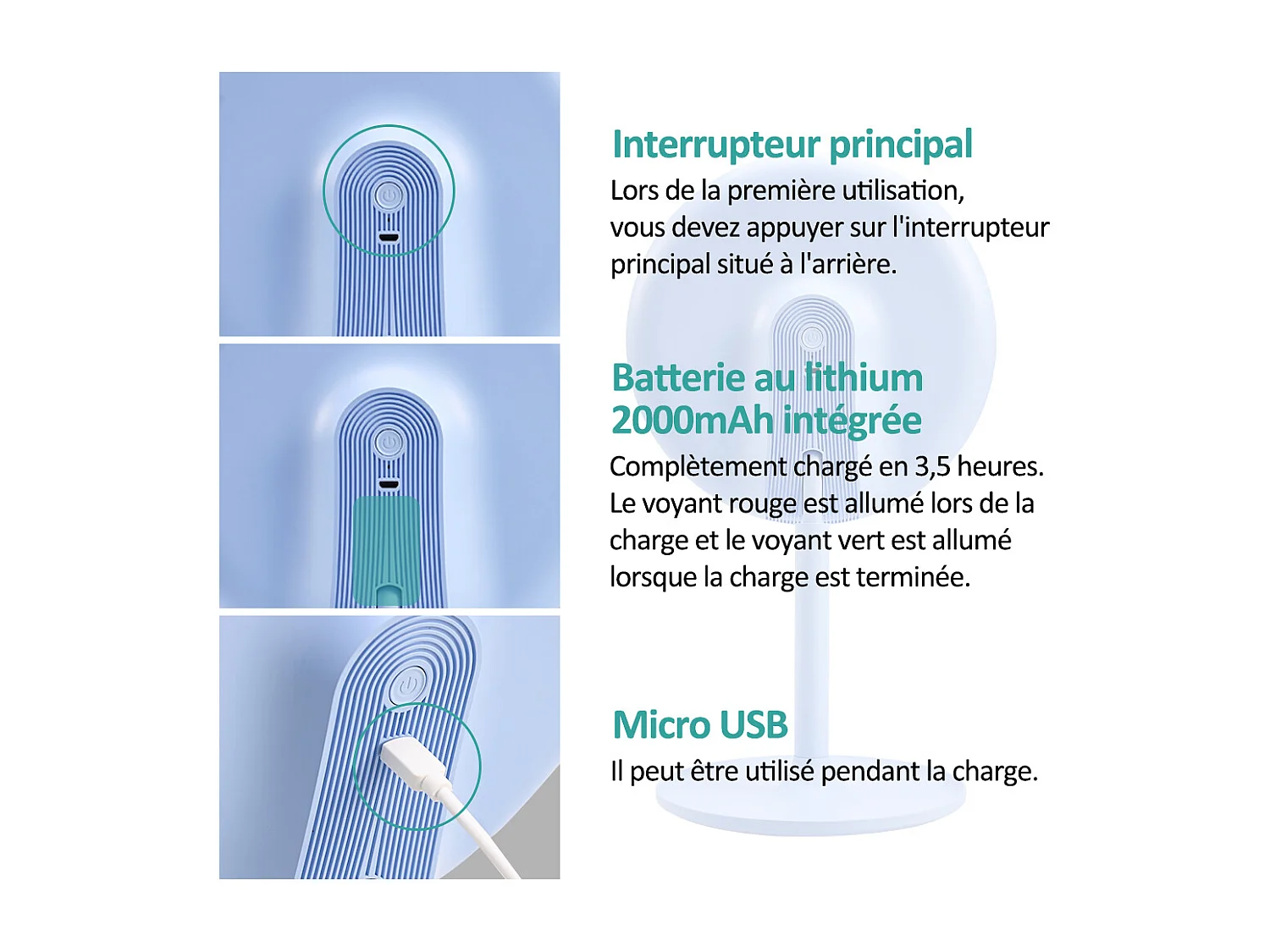 EMKE LED Miroir de Maquillage Rond avec Interrupteur Tactile Dimmable 3 Couleurs claires, grossissement 1/3x, Bleu
