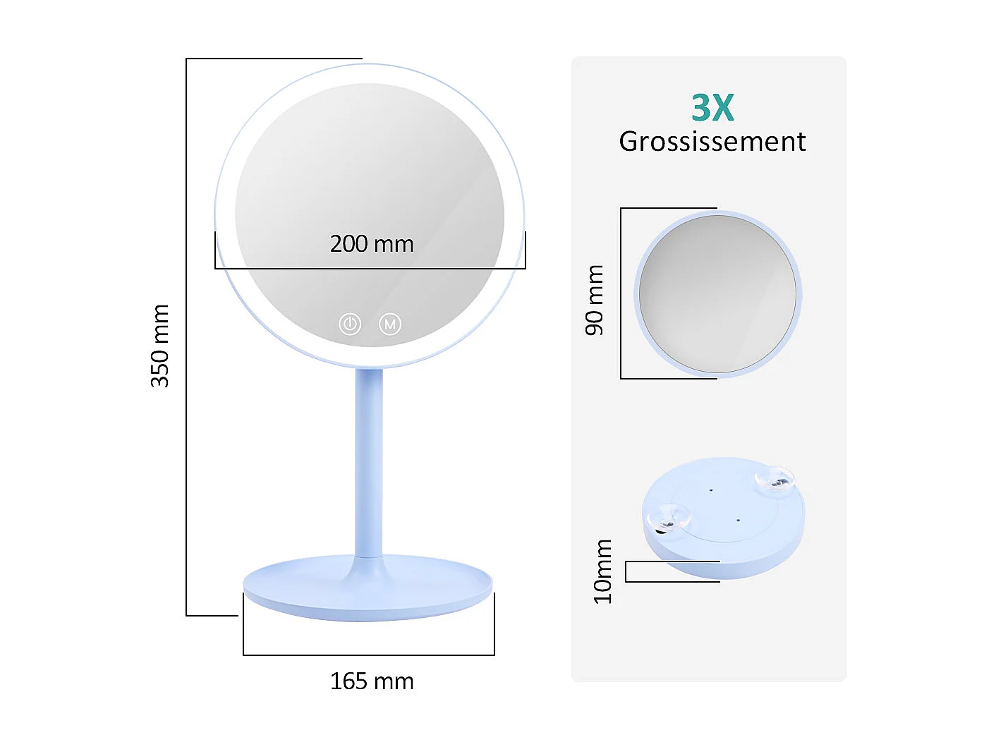 EMKE LED Miroir de Maquillage Rond avec Interrupteur Tactile Dimmable 3 Couleurs claires, grossissement 1/3x, Bleu