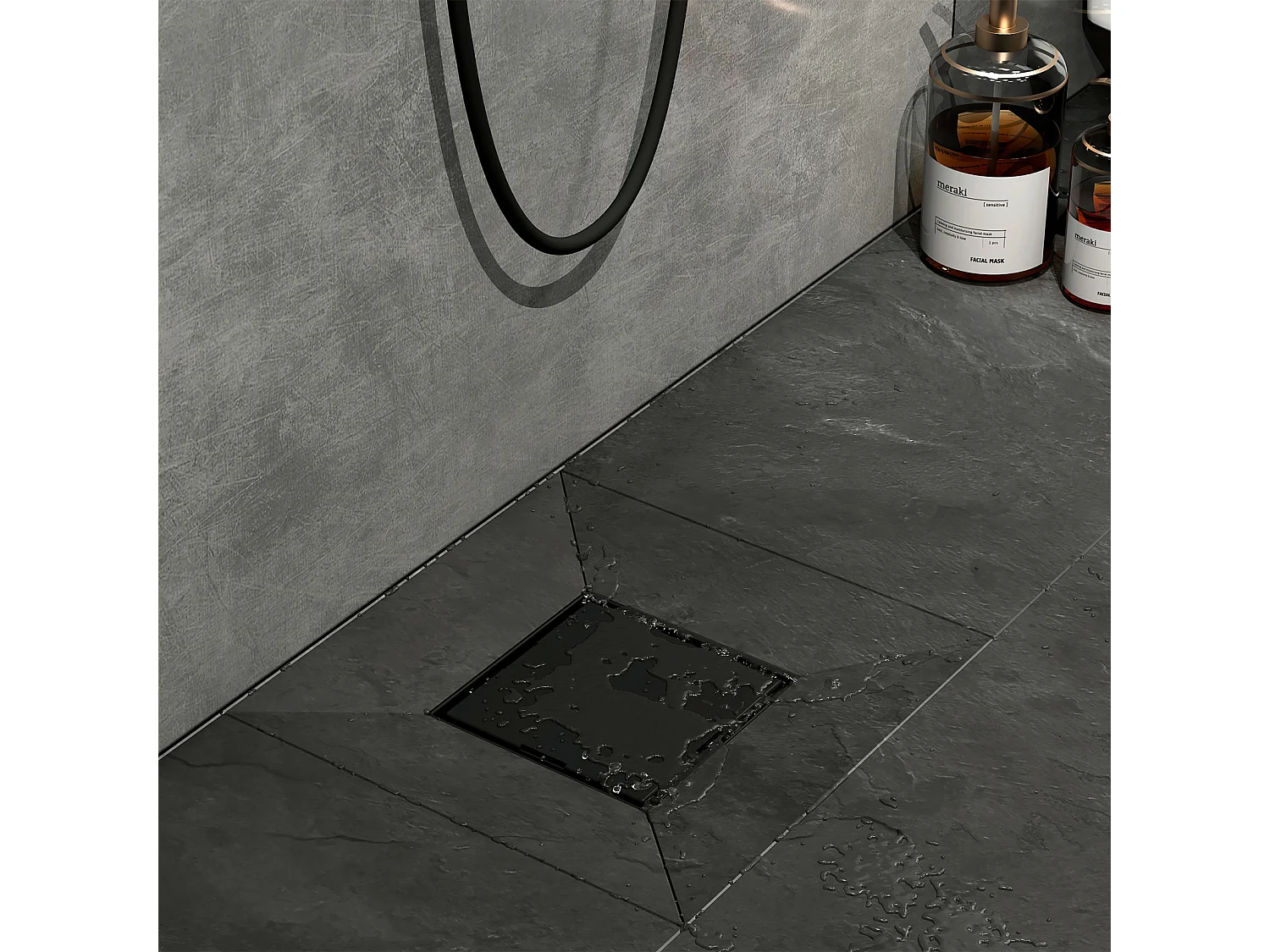 Siphon de Douche Carré Encastré EMKE en Acier Inoxydable SUS304, Finition Noir Mat, 15 x 15 cm