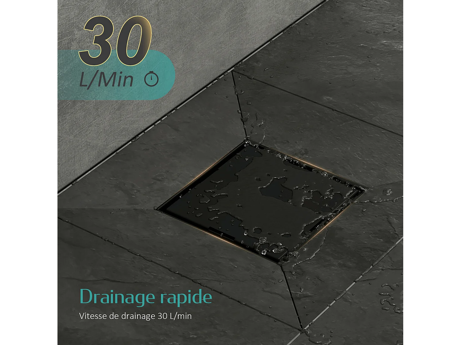 Siphon de Douche Carré Encastré EMKE en Acier Inoxydable SUS304, Finition Noir Mat, 15 x 15 cm