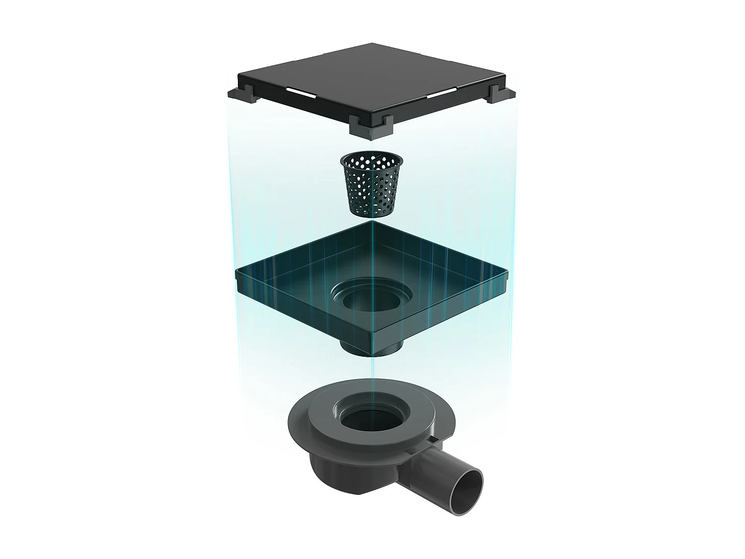 Siphon de Douche Carré Encastré EMKE en Acier Inoxydable SUS304, Finition Noir Mat, 15 x 15 cm