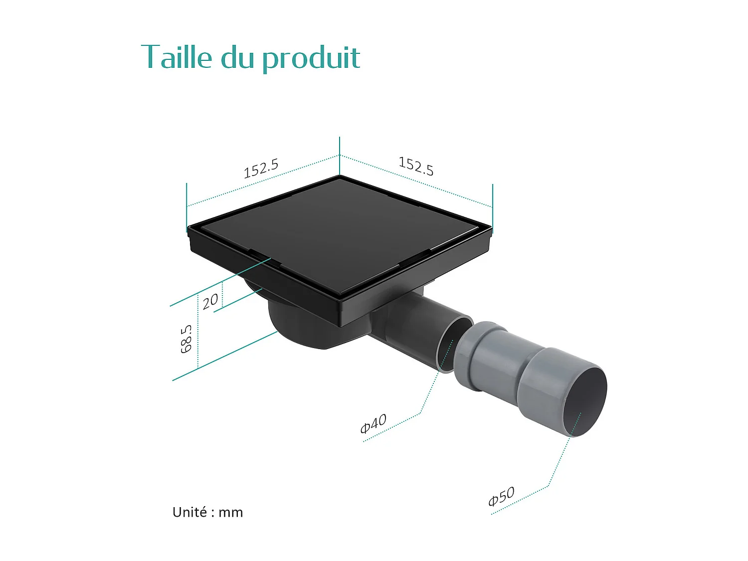Siphon de Douche Carré Encastré EMKE en Acier Inoxydable SUS304, Finition Noir Mat, 15 x 15 cm