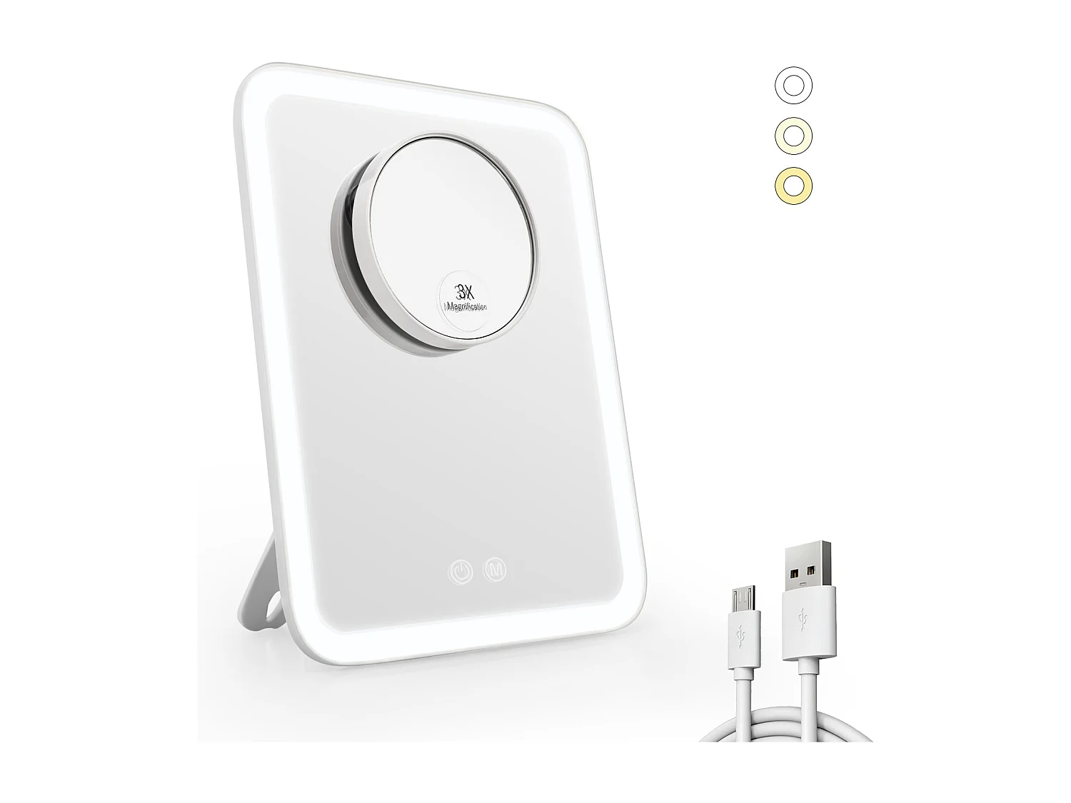 EMKE LED Miroir de Maquillage, 3 Couleurs de lumière et Miroir grossissant 1/3x, avec lumière rotative à 180°, Miroir de Maquillage avec grossissement, Blanc