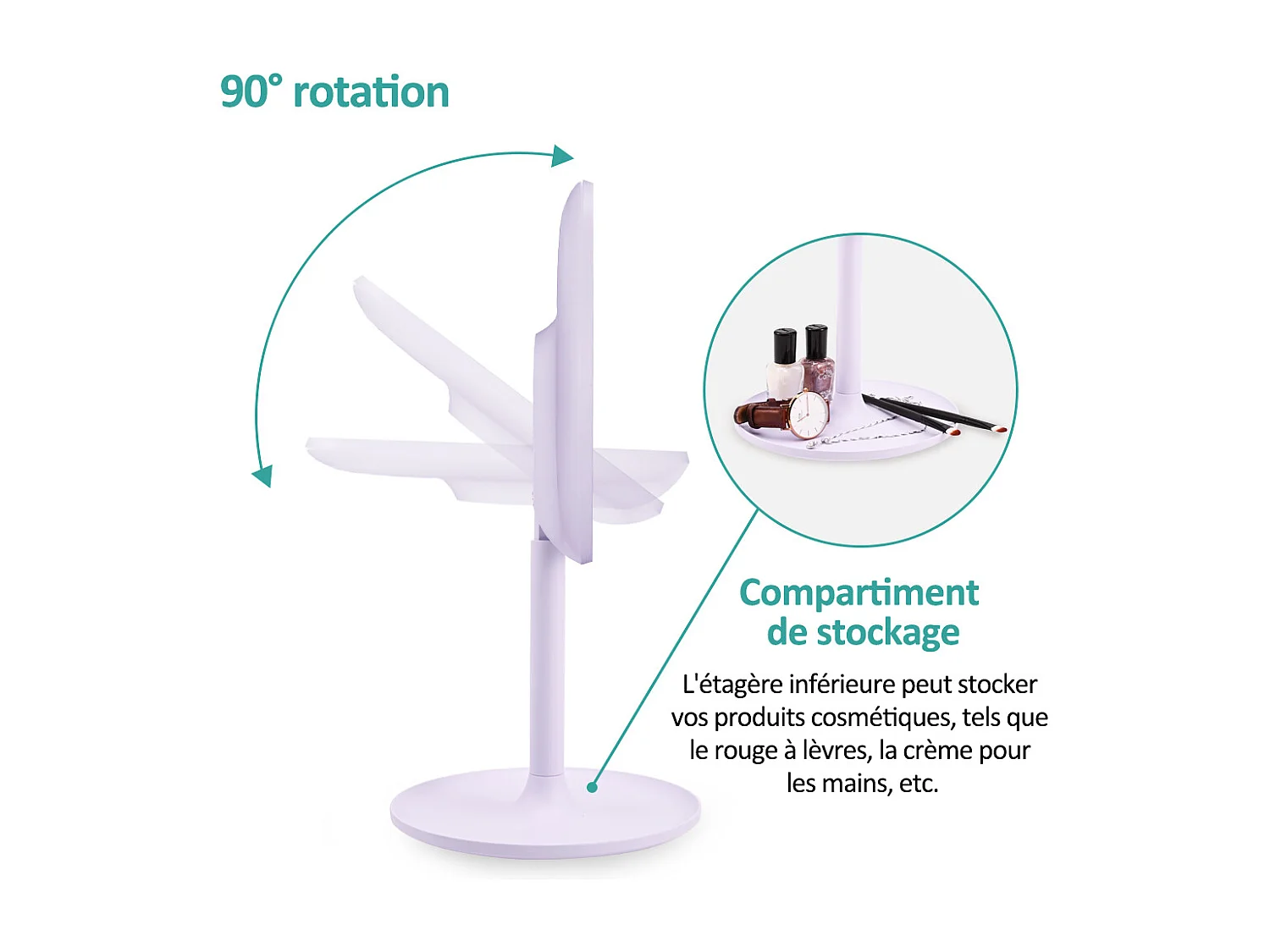 EMKE LED Miroir de Maquillage Rond avec Interrupteur Tactile Dimmable 3 Couleurs claires, grossissement 1/3x, Violet