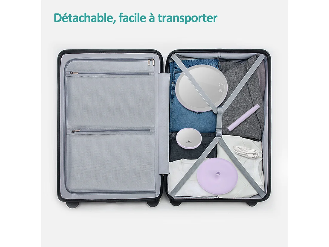 EMKE LED Miroir de Maquillage Rond avec Interrupteur Tactile Dimmable 3 Couleurs claires, grossissement 1/3x, Violet