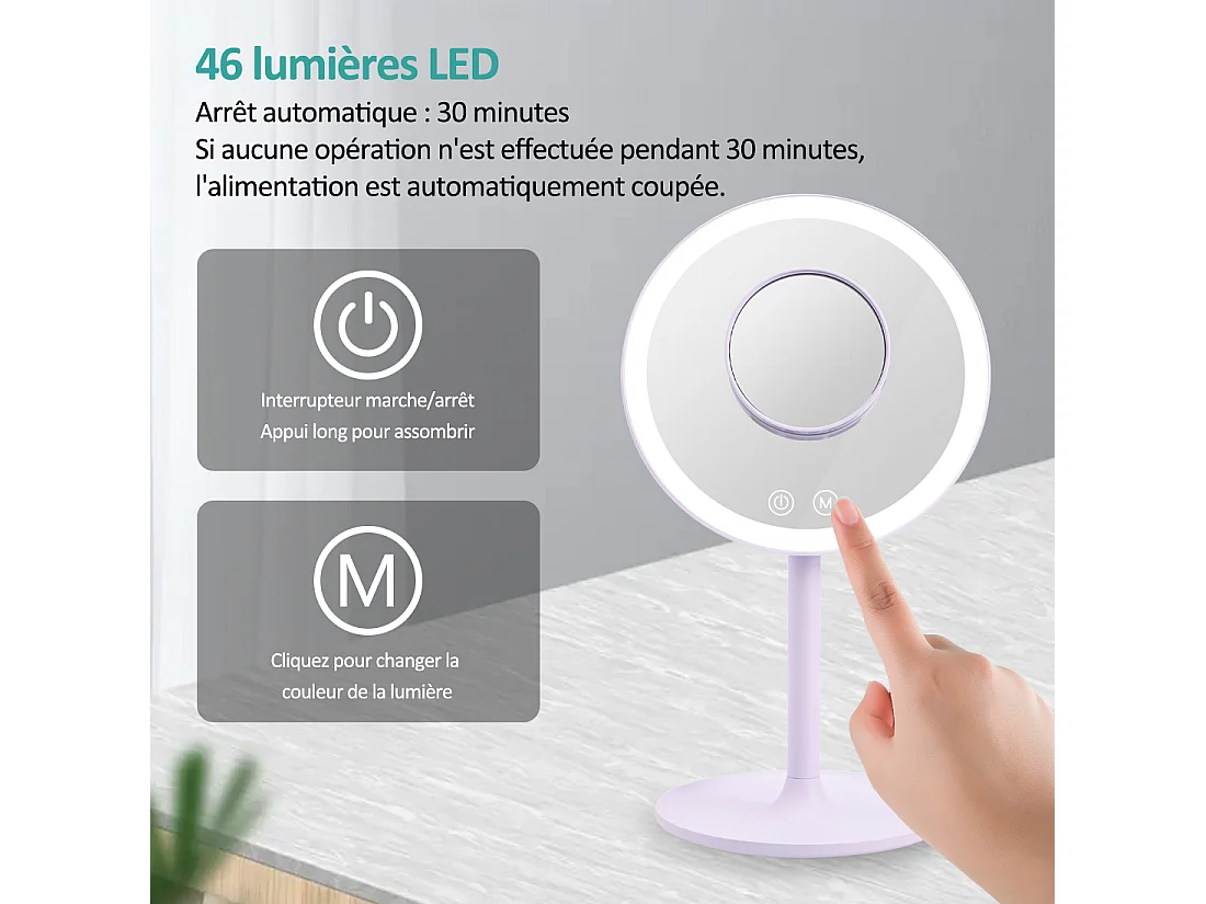 EMKE LED Miroir de Maquillage Rond avec Interrupteur Tactile Dimmable 3 Couleurs claires, grossissement 1/3x, Violet