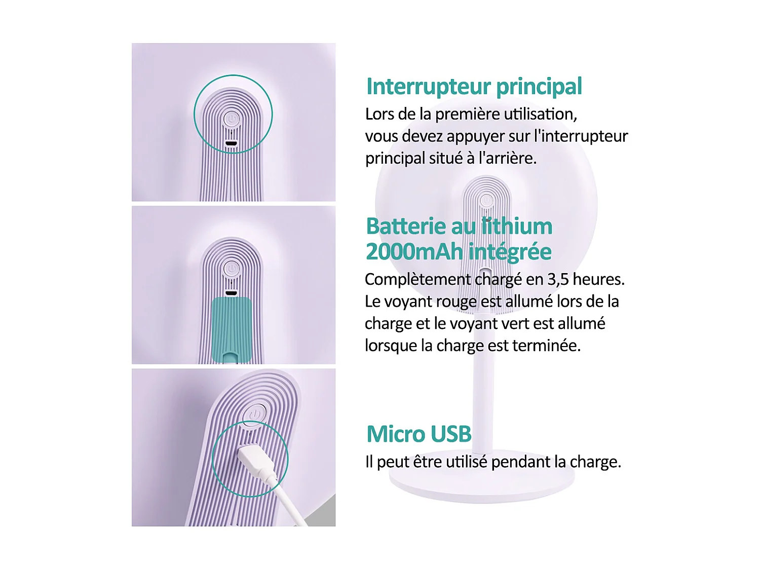 EMKE LED Miroir de Maquillage Rond avec Interrupteur Tactile Dimmable 3 Couleurs claires, grossissement 1/3x, Violet