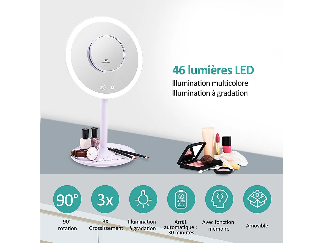 EMKE LED Miroir de Maquillage Rond avec Interrupteur Tactile Dimmable 3 Couleurs claires, grossissement 1/3x, Violet