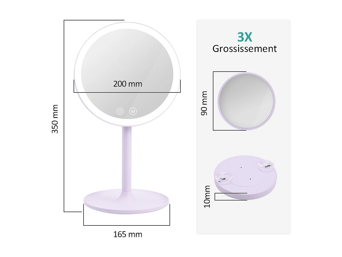EMKE LED Miroir de Maquillage Rond avec Interrupteur Tactile Dimmable 3 Couleurs claires, grossissement 1/3x, Violet
