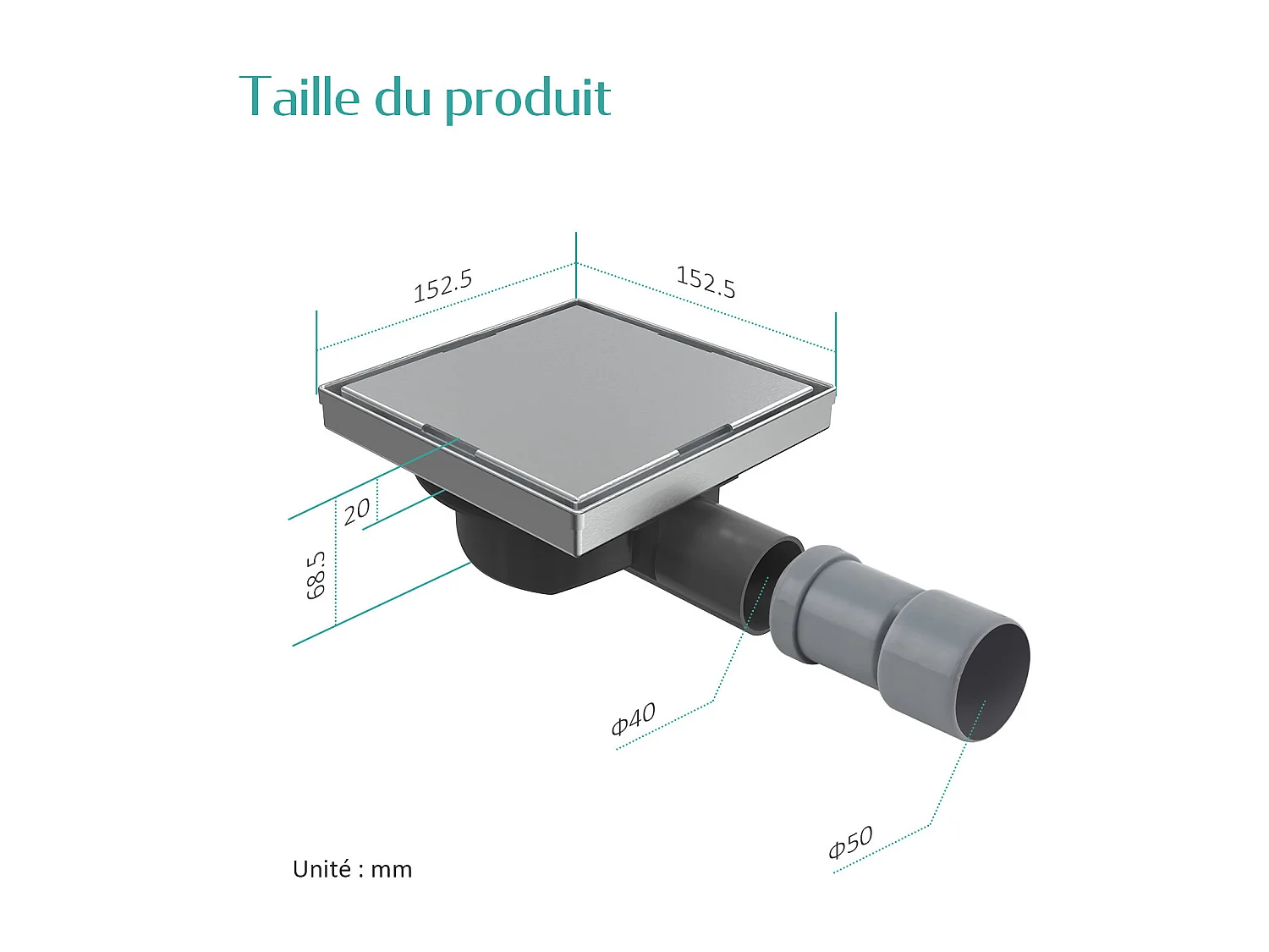 Siphon de Douche Carré Encastré EMKE en Acier Inoxydable SUS304, Finition Brossée, 15 x 15 cm
