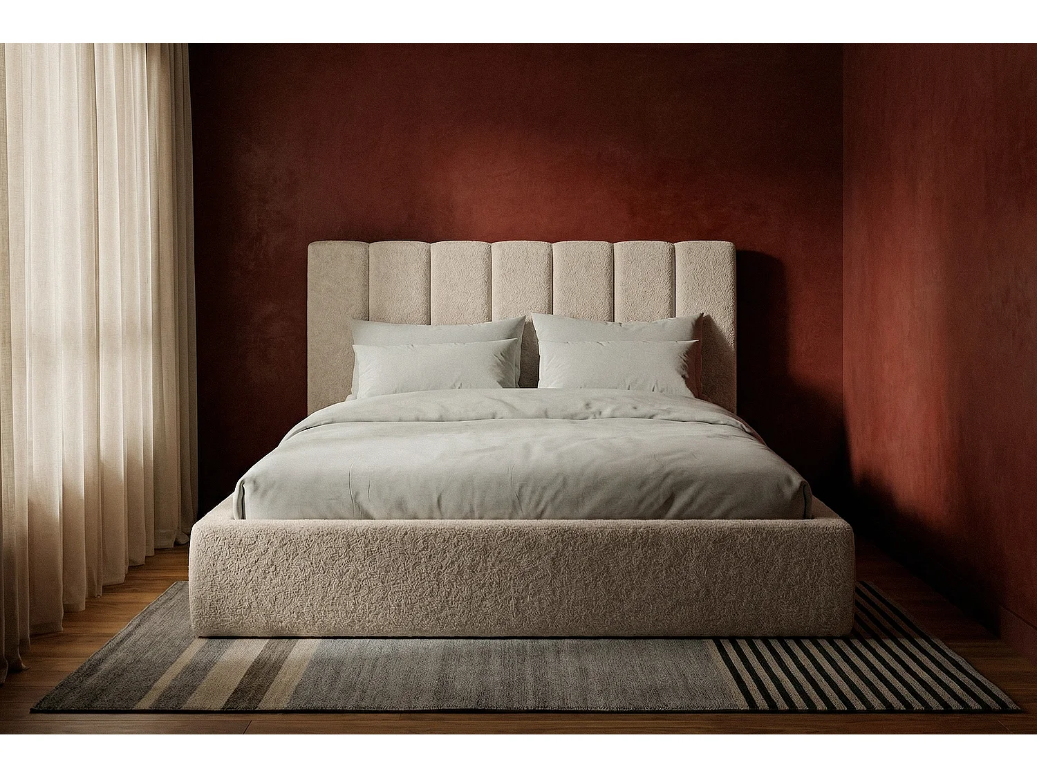 Lit capitonné MNUUO FELAA avec coffre de rangement, crème, 180 x 200 cm, sommier à lattes en bois relevable