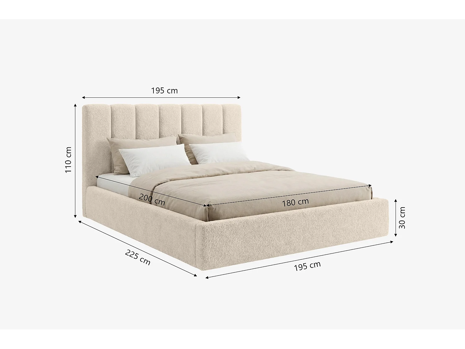 Lit capitonné MNUUO FELAA avec coffre de rangement, crème, 180 x 200 cm, sommier à lattes en bois relevable
