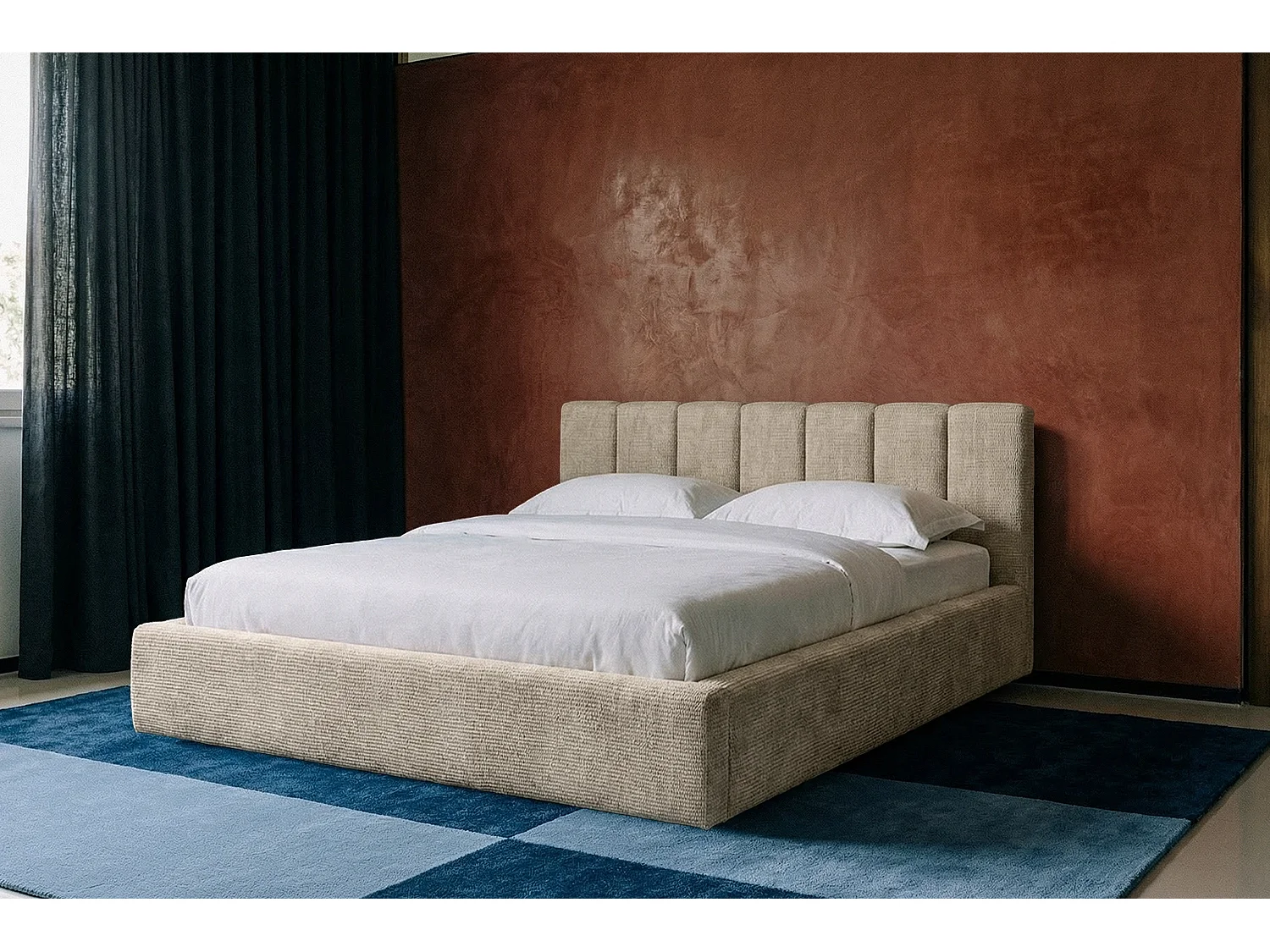 MNUUO Gestoffeerd bed RENZY met opbergbox, crème, 200 x 200 cm, opklapbare lattenbodem