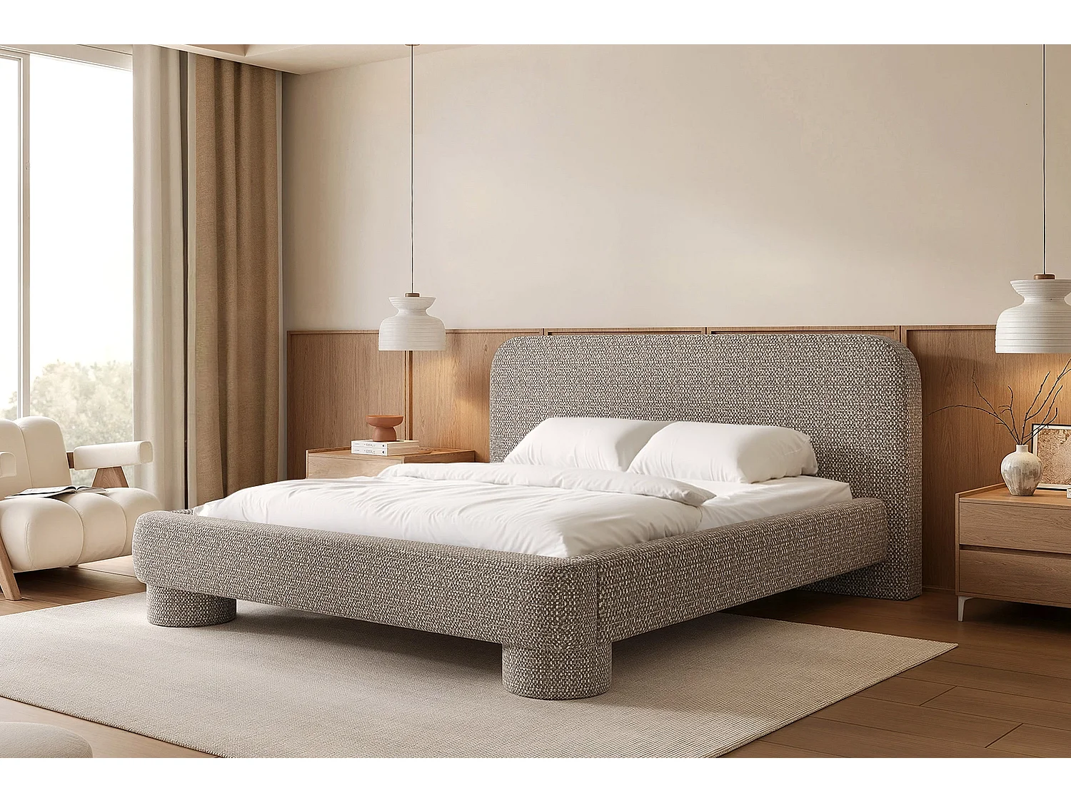 Lit capitonné MNUUO COLEA avec coffre de rangement, beige, 180 x 200 cm, sommier à lattes en bois relevable