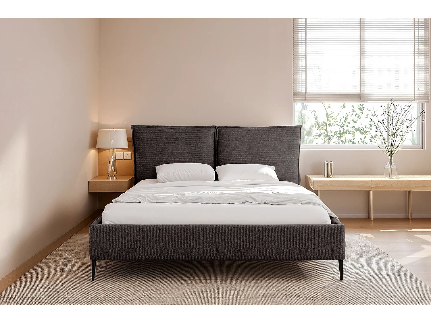 Lit capitonné MNUUO MEVOO avec coffre de rangement, gris foncé, 140 x 200 cm, sommier à lattes en bois relevable