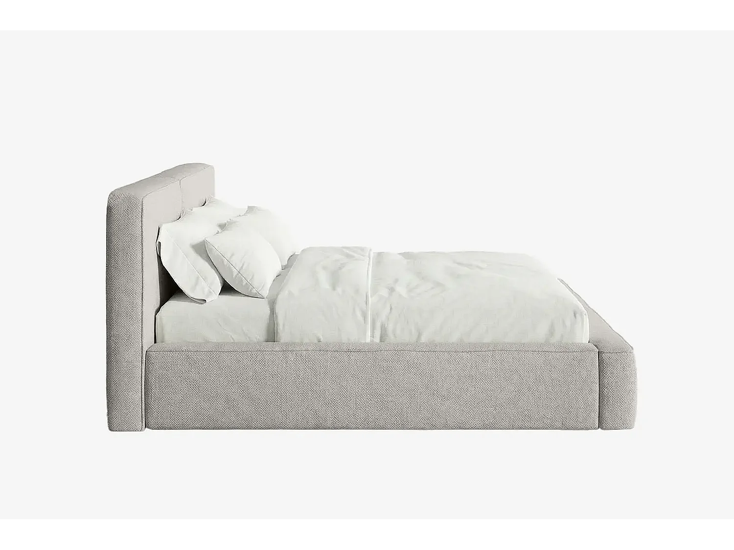 Lit capitonné MNUUO NEENO avec coffre de rangement, gris clair, 200 x 200 cm, sommier à lattes en bois relevable