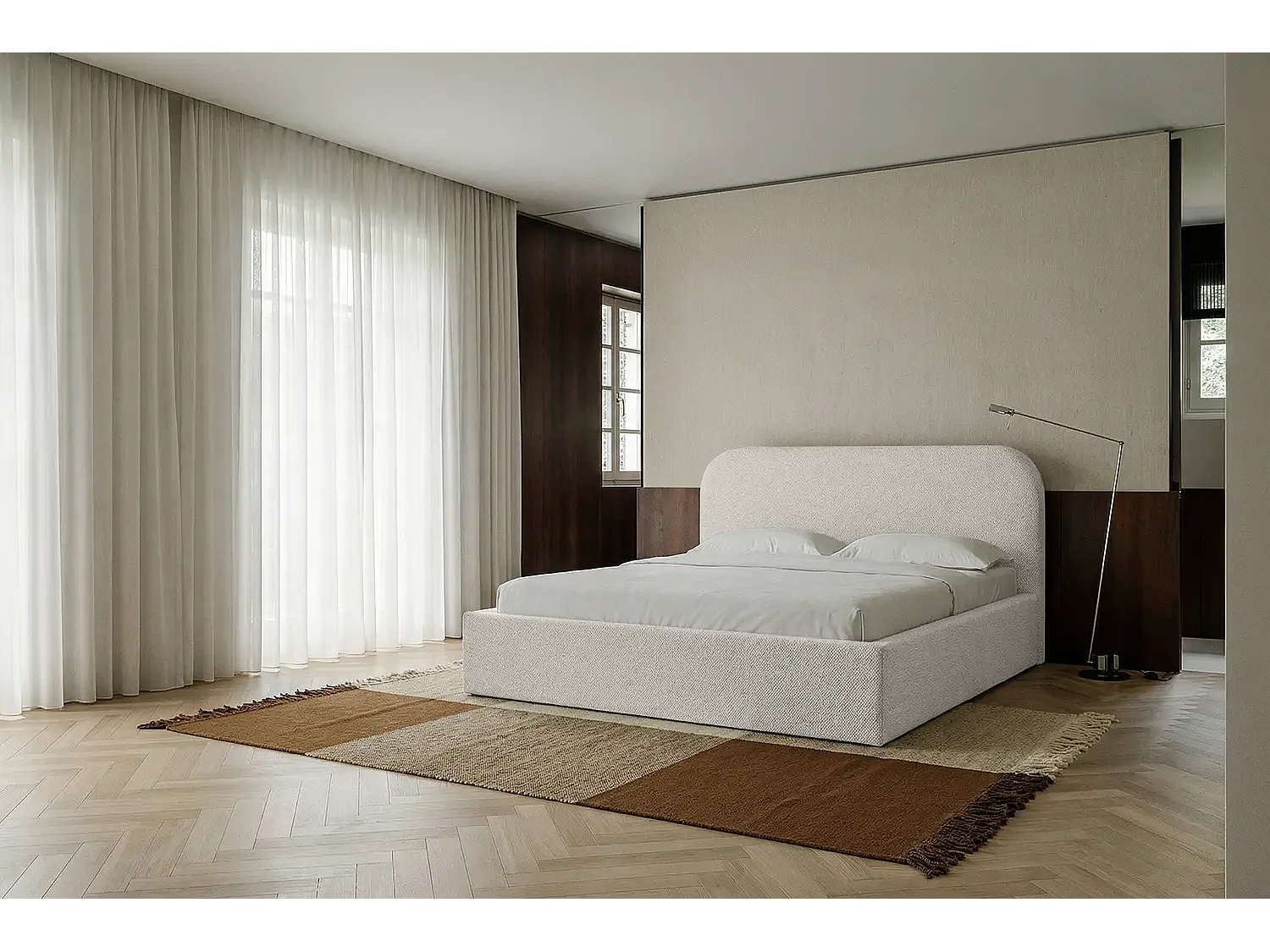 Lit capitonné MNUUO HOREO avec coffre de rangement, crème, 180 x 200 cm, sommier à lattes en bois relevable