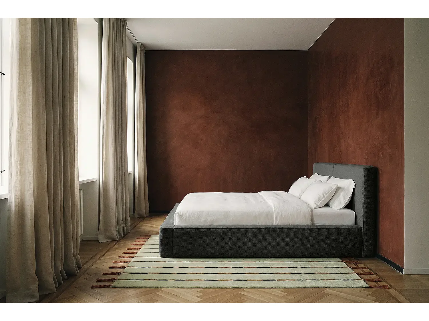 Lit capitonné MNUUO NEENO avec coffre de rangement, gris foncé, 180 x 200 cm, sommier à lattes en bois relevable