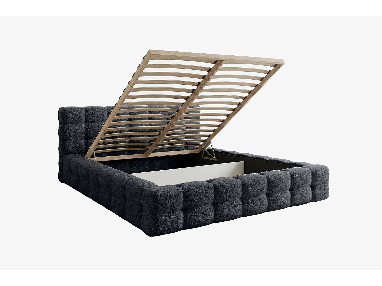 MNUUO Gestoffeerd bed KAIO met opbergbox, blauw, 160 x 200 cm, opklapbare lattenbodem