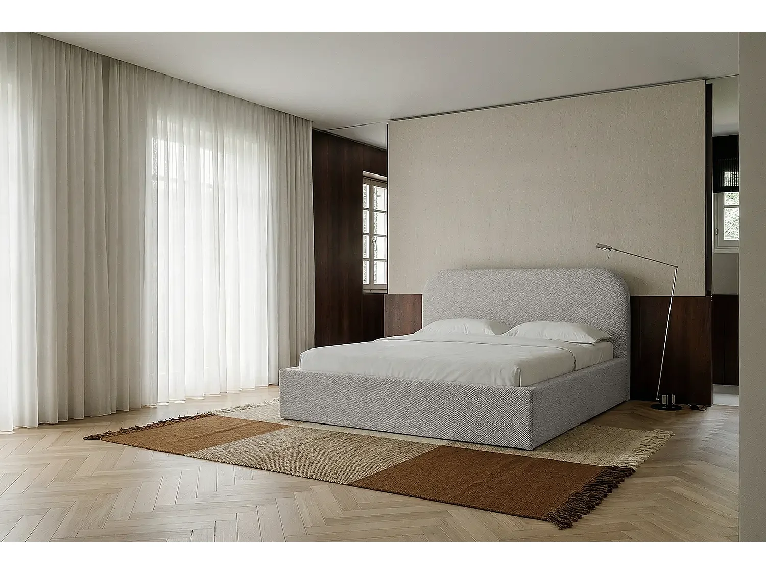Lit capitonné MNUUO HOREO avec coffre de rangement, gris clair, 200 x 200 cm, sommier à lattes en bois relevable