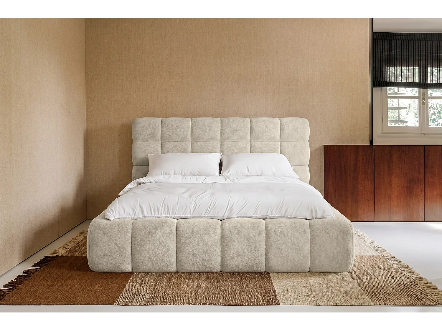 Lit capitonné MNUUO CHOCCO avec coffre de rangement, crème, 180 x 200 cm, sommier à lattes en bois relevable