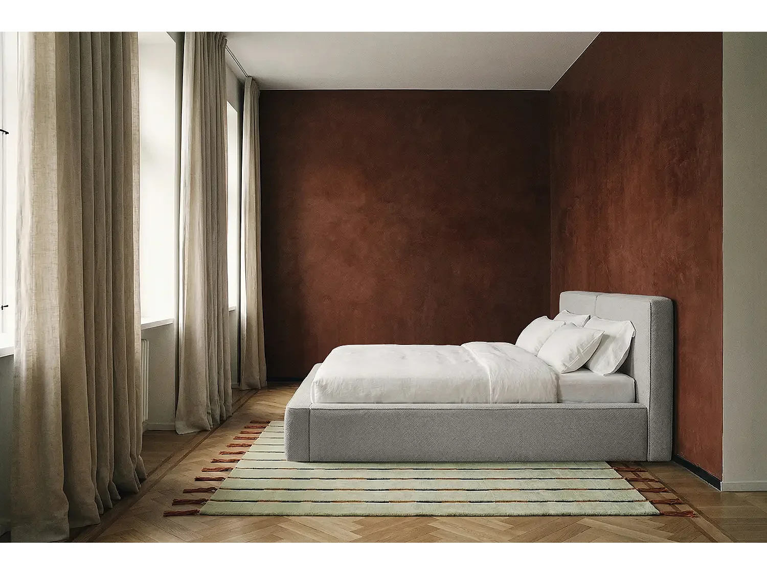 Lit capitonné MNUUO NEENO avec coffre de rangement, gris clair, 160 x 200 cm, sommier à lattes en bois relevable