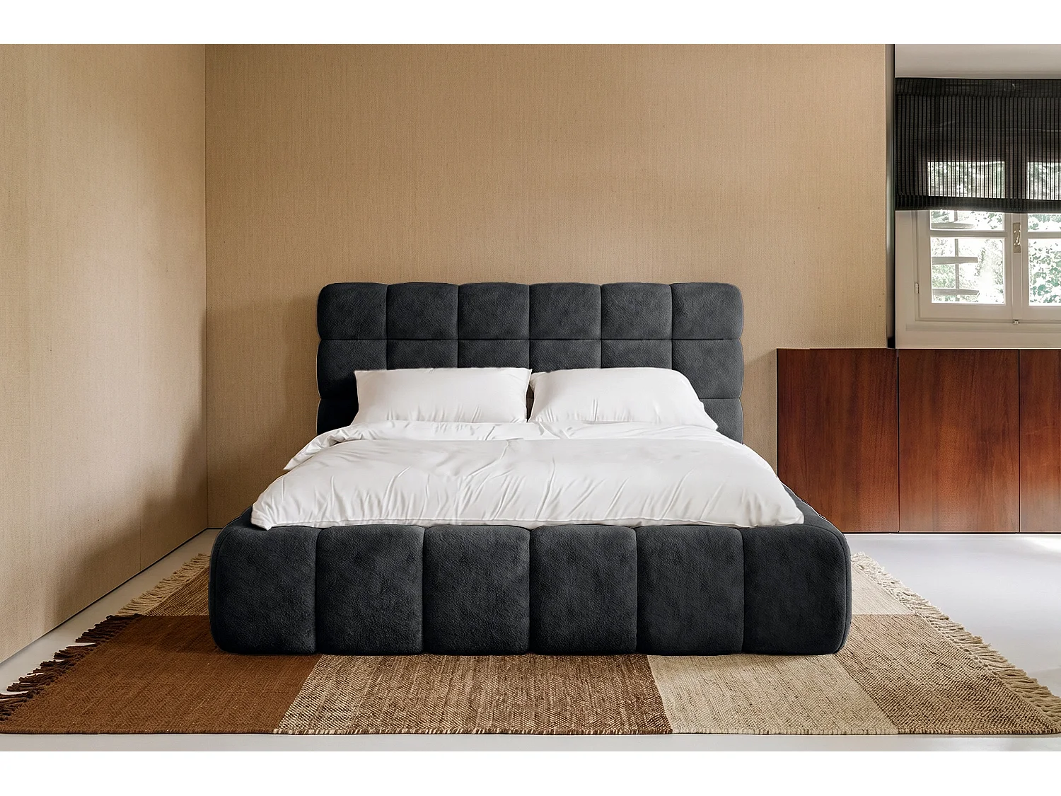 Lit capitonné MNUUO CHOCCO avec coffre de rangement, gris foncé, 160 x 200 cm, sommier à lattes en bois relevable