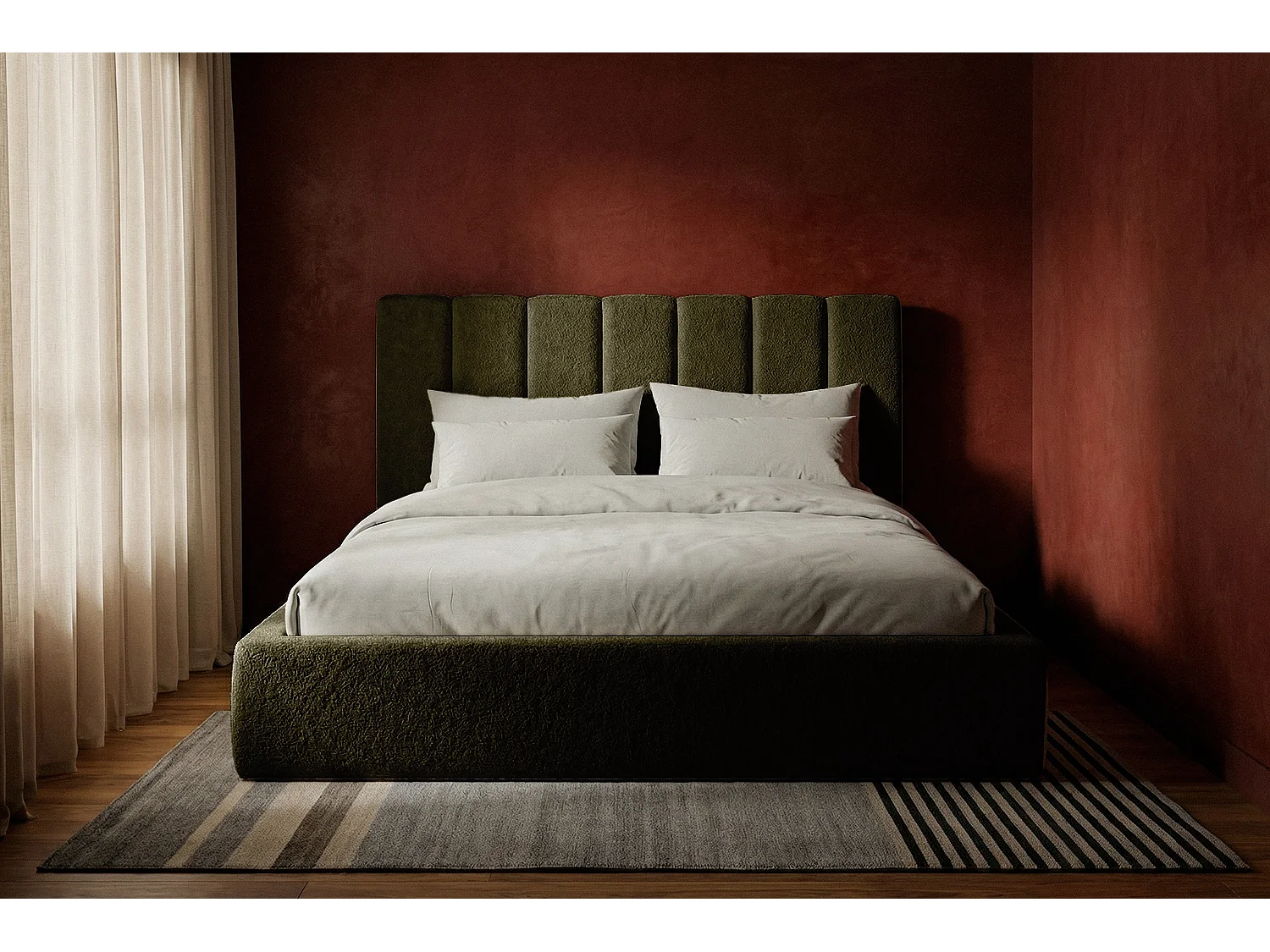 Lit capitonné MNUUO FELAA avec coffre de rangement Olive 160 x 200 cm, sommier à lattes en bois relevable