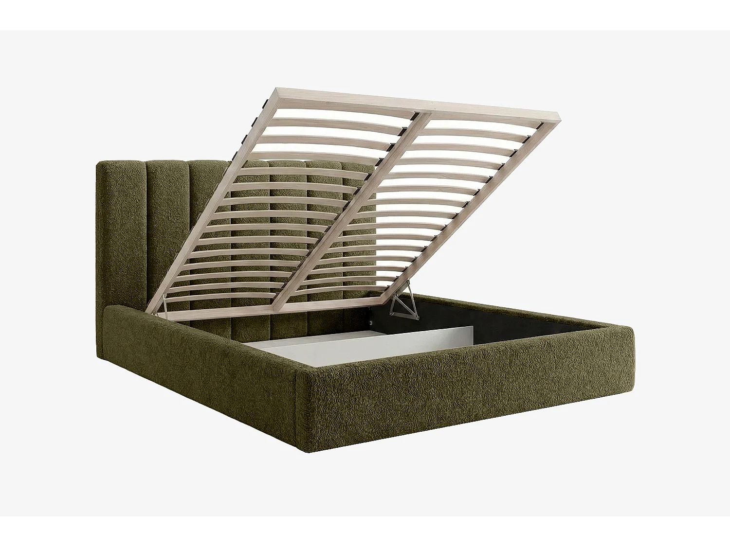 Lit capitonné MNUUO FELAA avec coffre de rangement Olive 160 x 200 cm, sommier à lattes en bois relevable