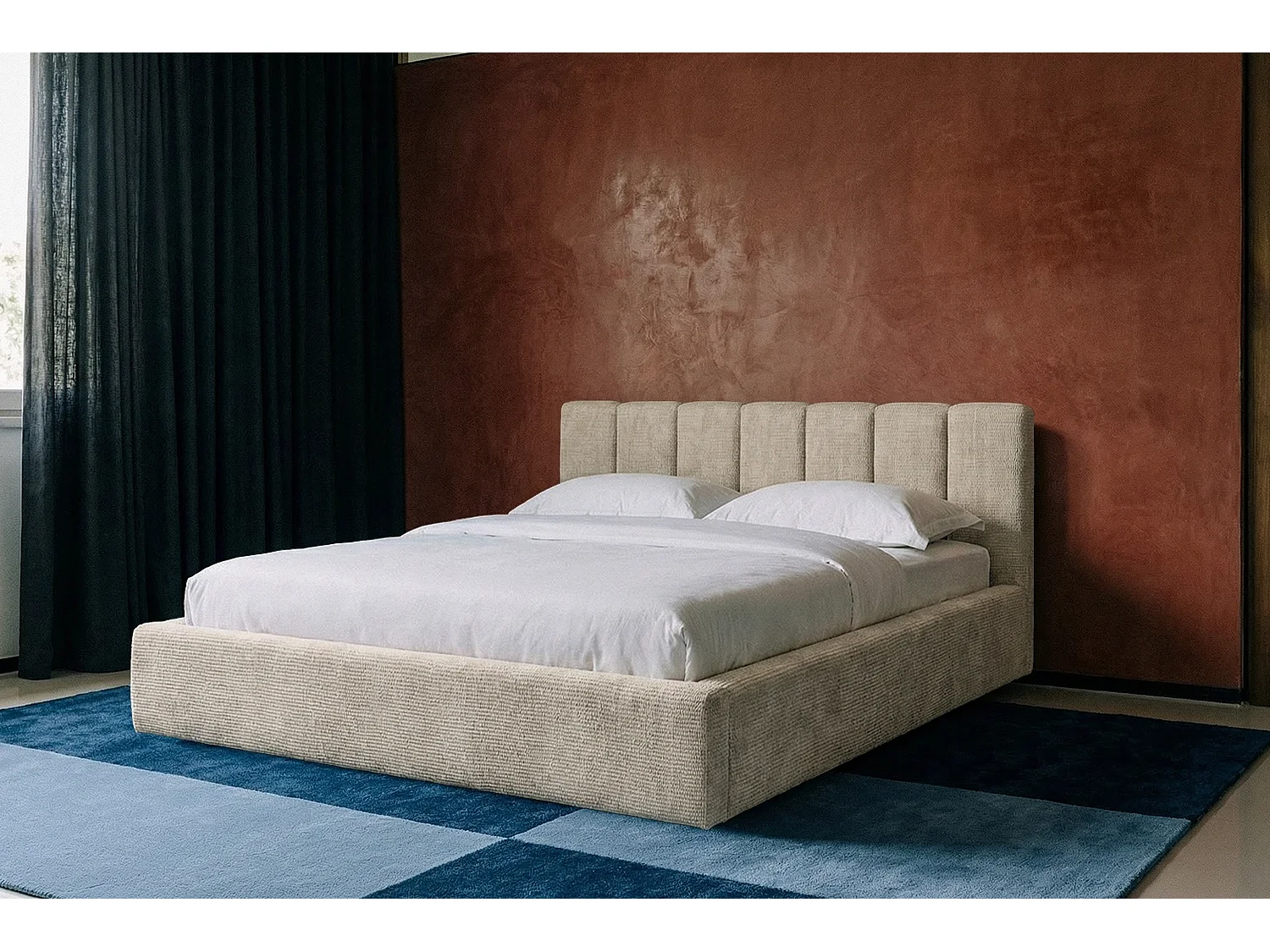 MNUUO gestoffeerd bed RENZY met opbergbox, natuurlijke afwerking, 200 x 200 cm, opklapbare lattenbodem