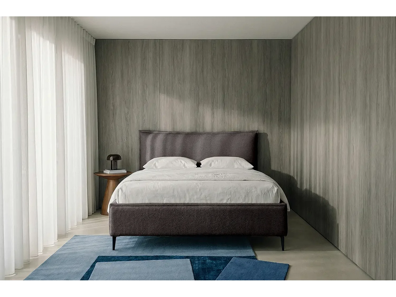 Lit capitonné MNUUO CELLEO avec coffre de rangement, bleu foncé, 200 x 200 cm, sommier à lattes en bois relevable