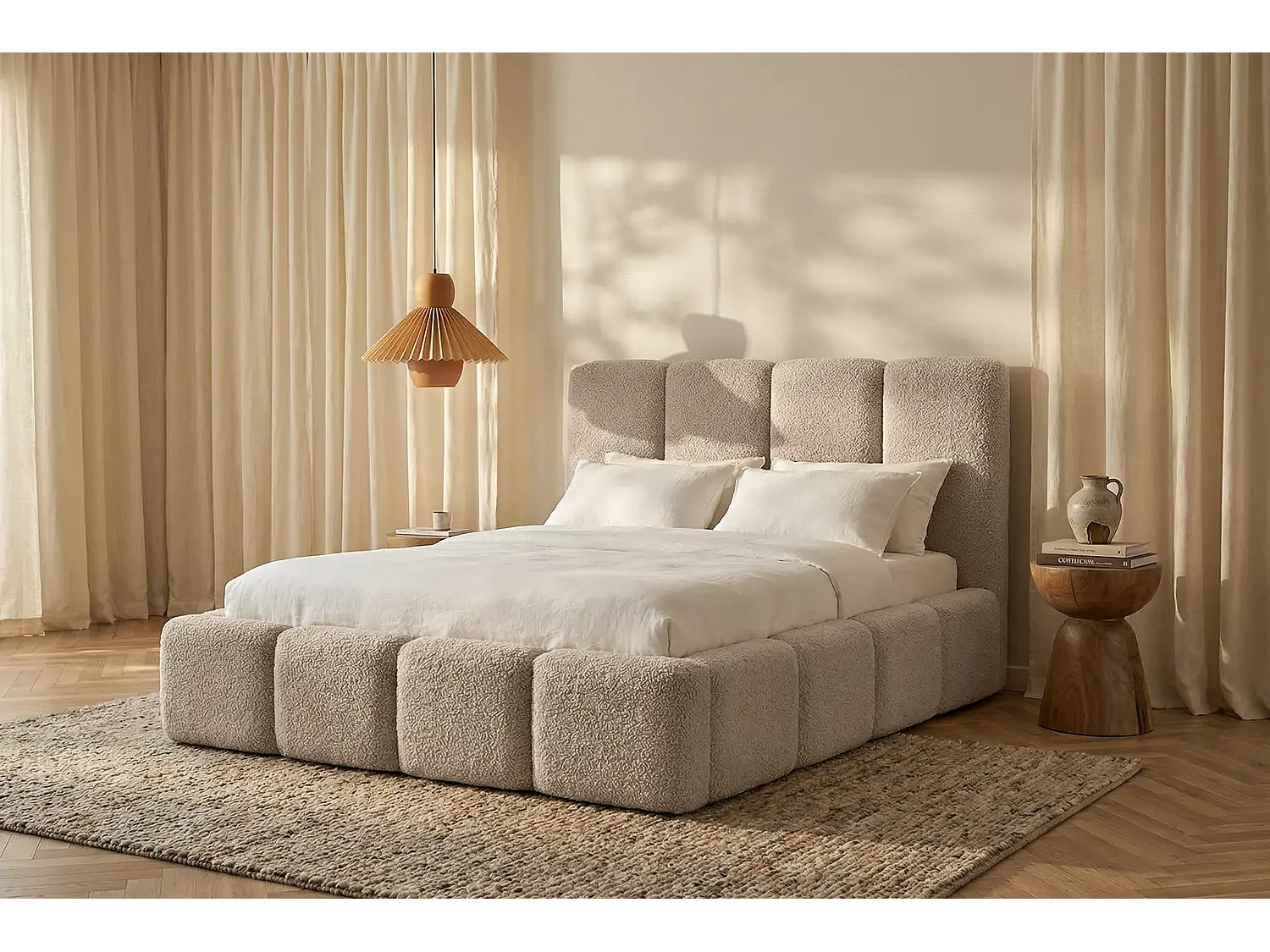 MNUUO Polsterbett MIOA mit Bettkasten Beige 180 x 200 cm Hebbarer Holz-Lattenrost