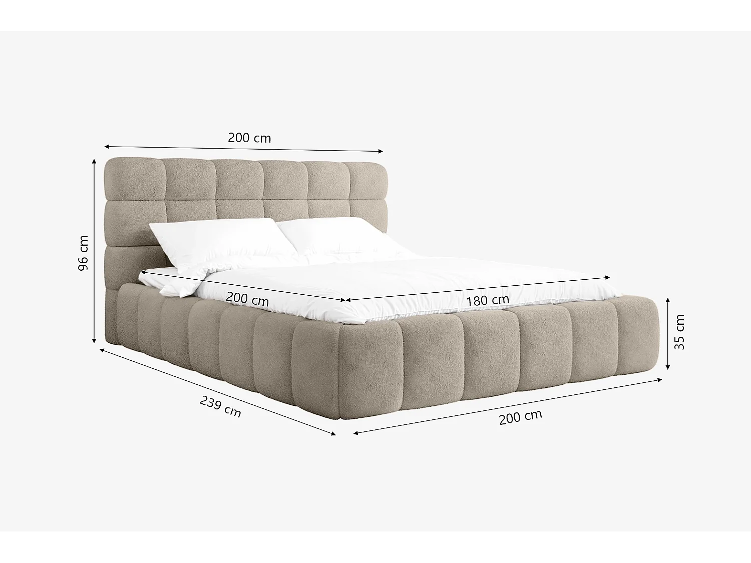Lit capitonné MNUUO CHOCCO avec coffre de rangement Taupe 180 x 200 cm Sommier à lattes en bois relevable