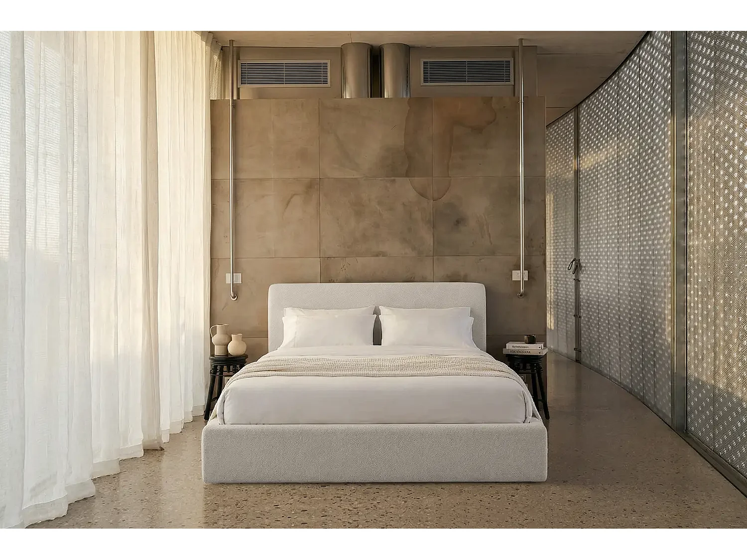 Lit capitonné MNUUO ROOZA avec coffre de rangement, blanc, 160 x 200 cm, sommier à lattes en bois relevable