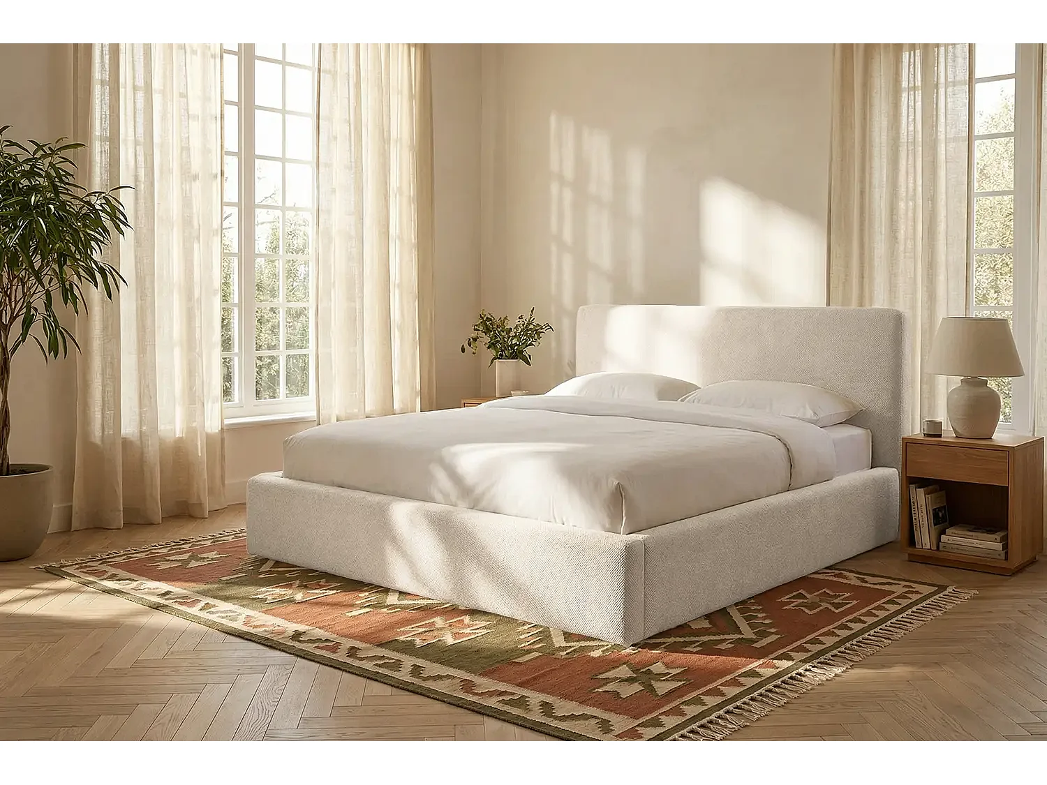 Lit capitonné MNUUO ROOZA avec coffre de rangement, blanc, 160 x 200 cm, sommier à lattes en bois relevable