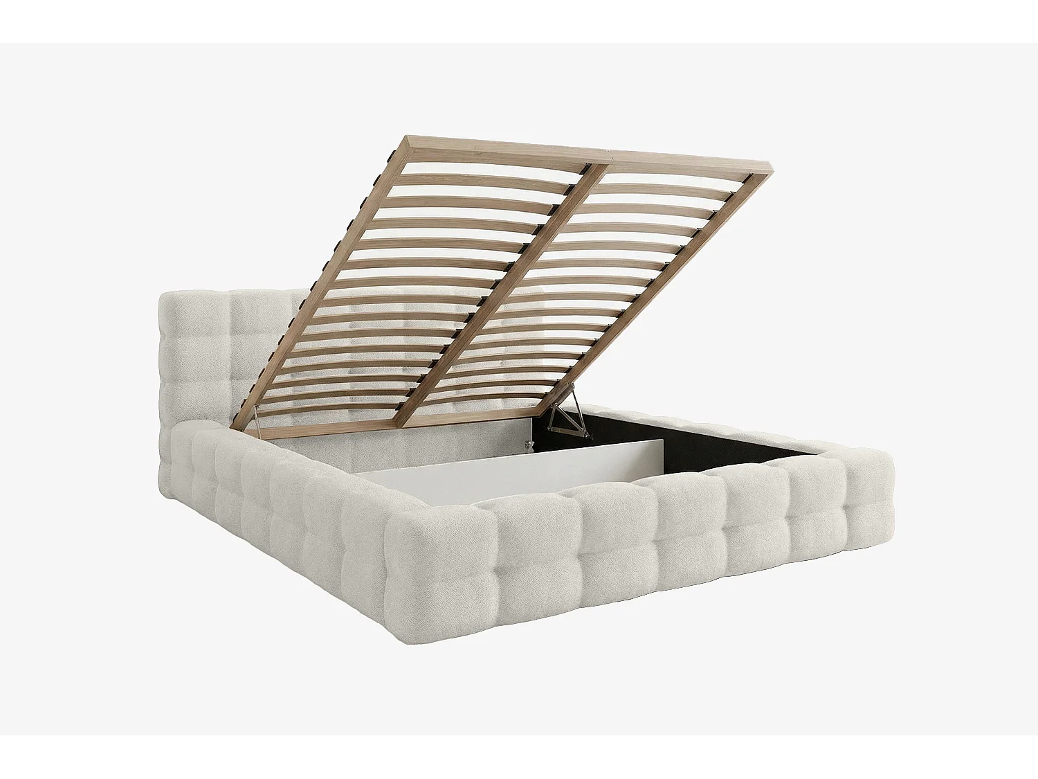 MNUUO Gestoffeerd bed KAIO met opbergbox, crème, 160 x 200 cm, opklapbare lattenbodem