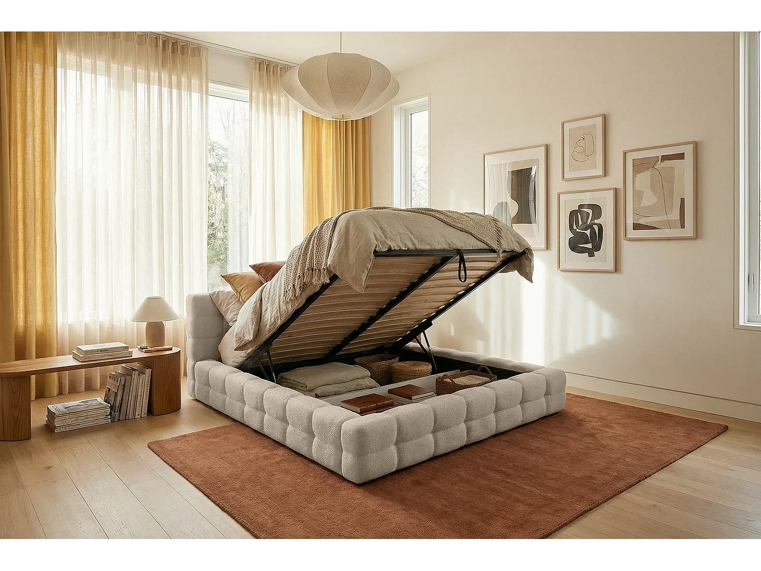MNUUO Gestoffeerd bed KAIO met opbergbox, crème, 160 x 200 cm, opklapbare lattenbodem