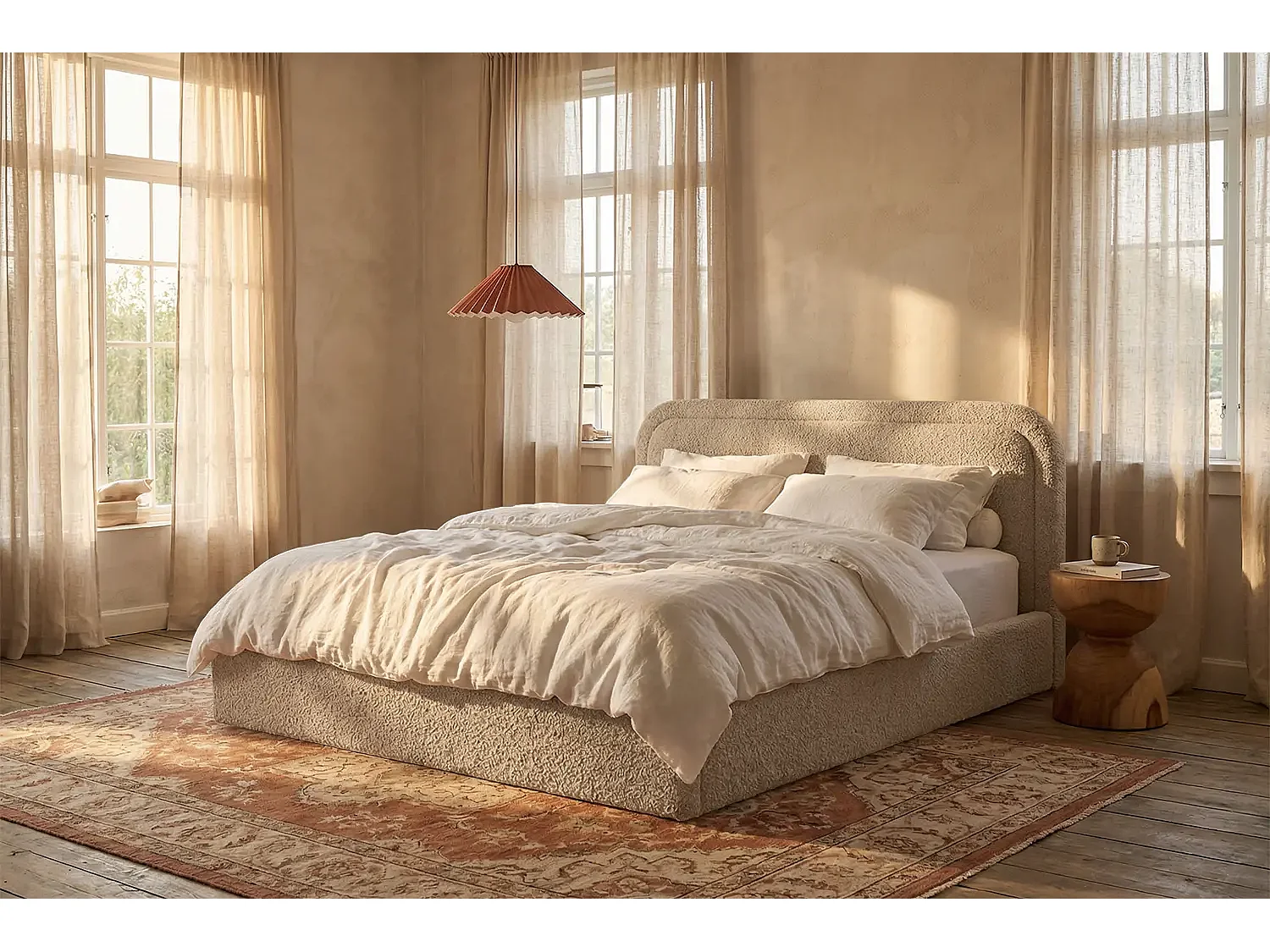 Lit capitonné MNUUO AMBEO avec coffre de rangement Taupe 200 x 200 cm, sommier à lattes en bois relevable