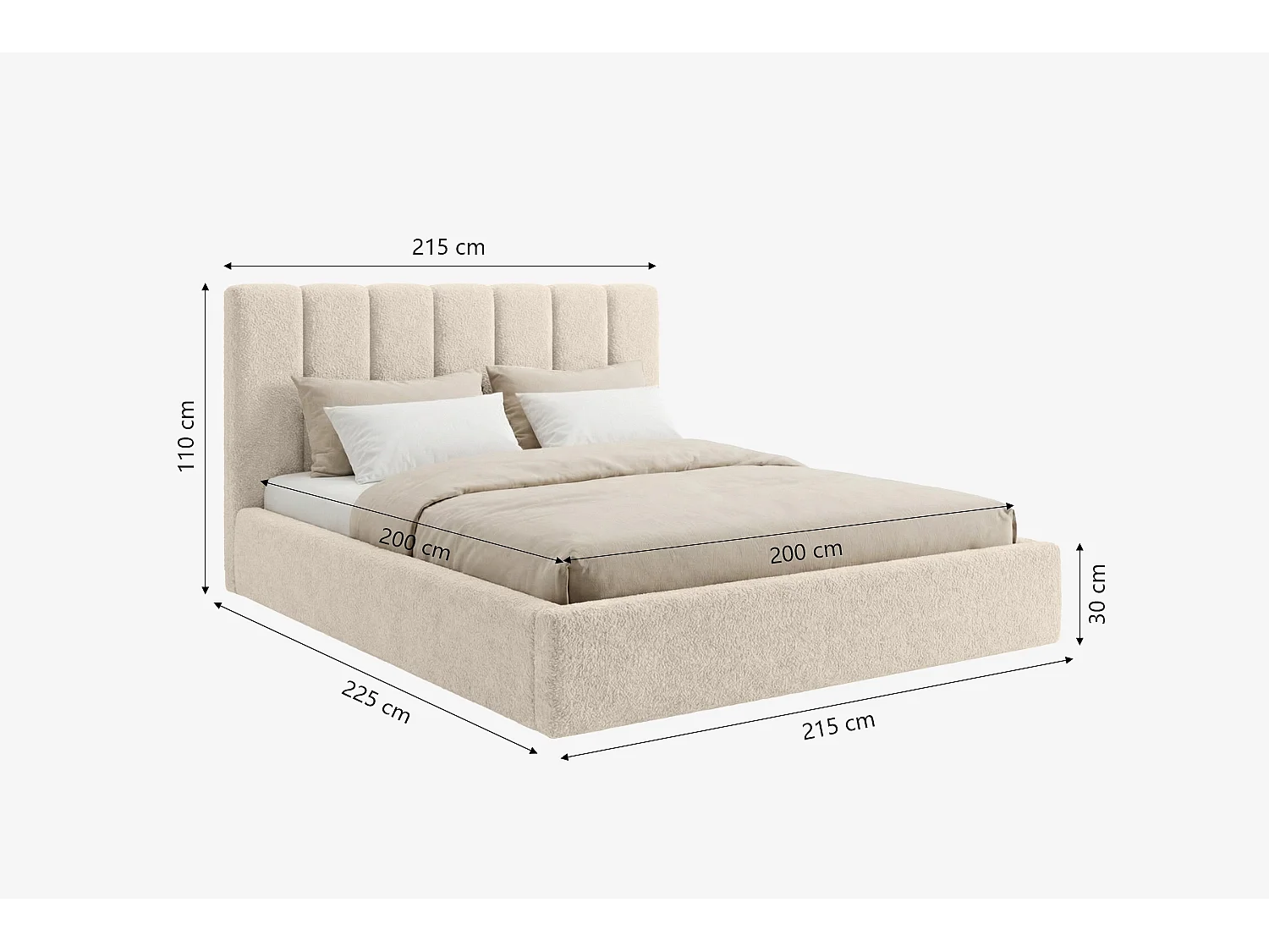 Lit capitonné MNUUO FELAA avec coffre de rangement, crème, 200 x 200 cm, sommier à lattes en bois relevable