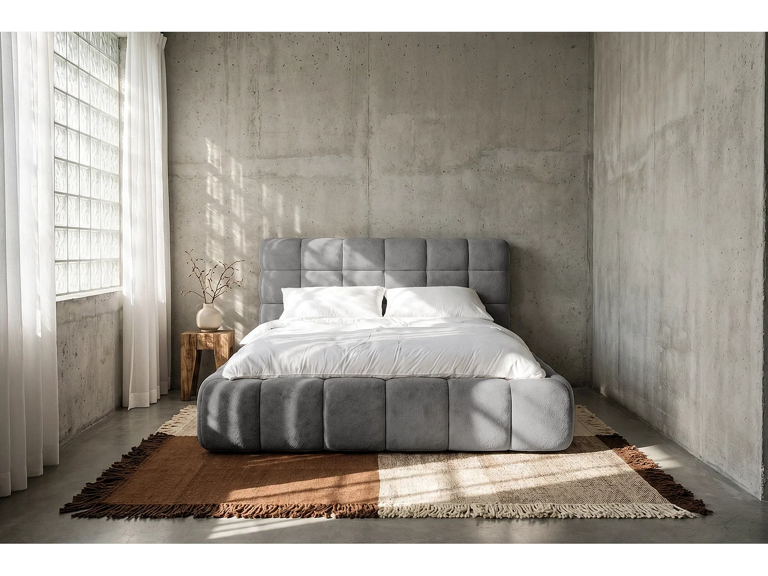 Lit capitonné MNUUO CHOCCO avec coffre de rangement, gris, 160 x 200 cm, sommier à lattes en bois relevable.