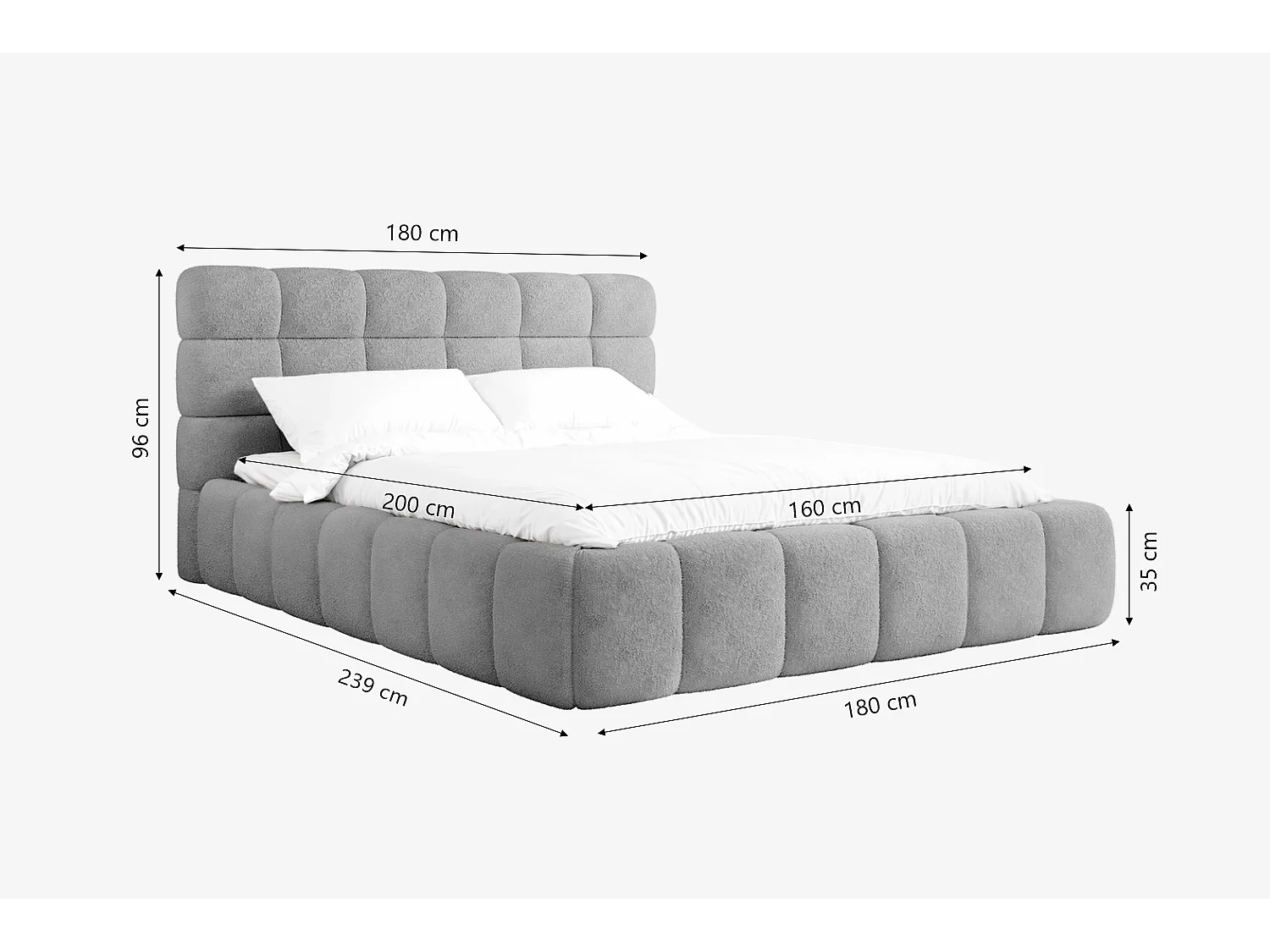 Lit capitonné MNUUO CHOCCO avec coffre de rangement, gris, 160 x 200 cm, sommier à lattes en bois relevable.