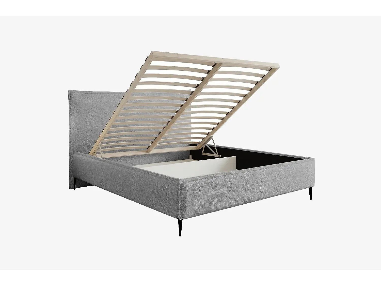 Lit capitonné MNUUO CELLEO avec coffre de rangement, gris, 140 x 200 cm, sommier à lattes en bois relevable.