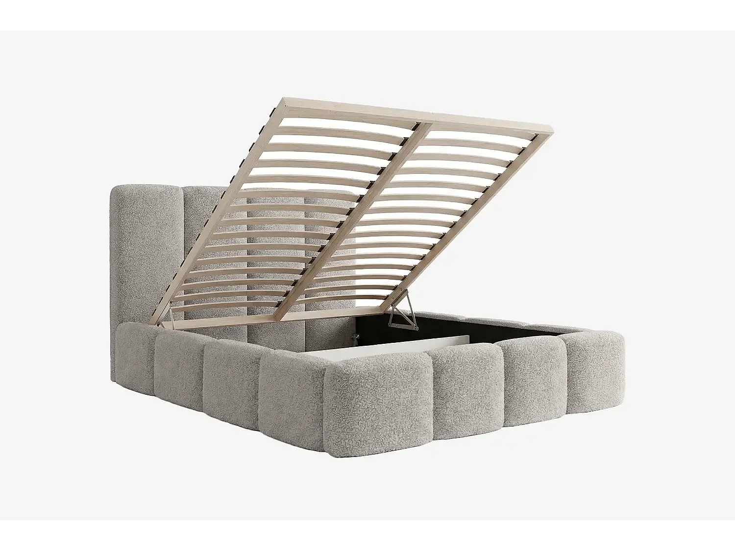 MNUUO Polsterbett MIOA mit Bettkasten Hellgrau 200 x 200 cm Hebbarer Holz-Lattenrost