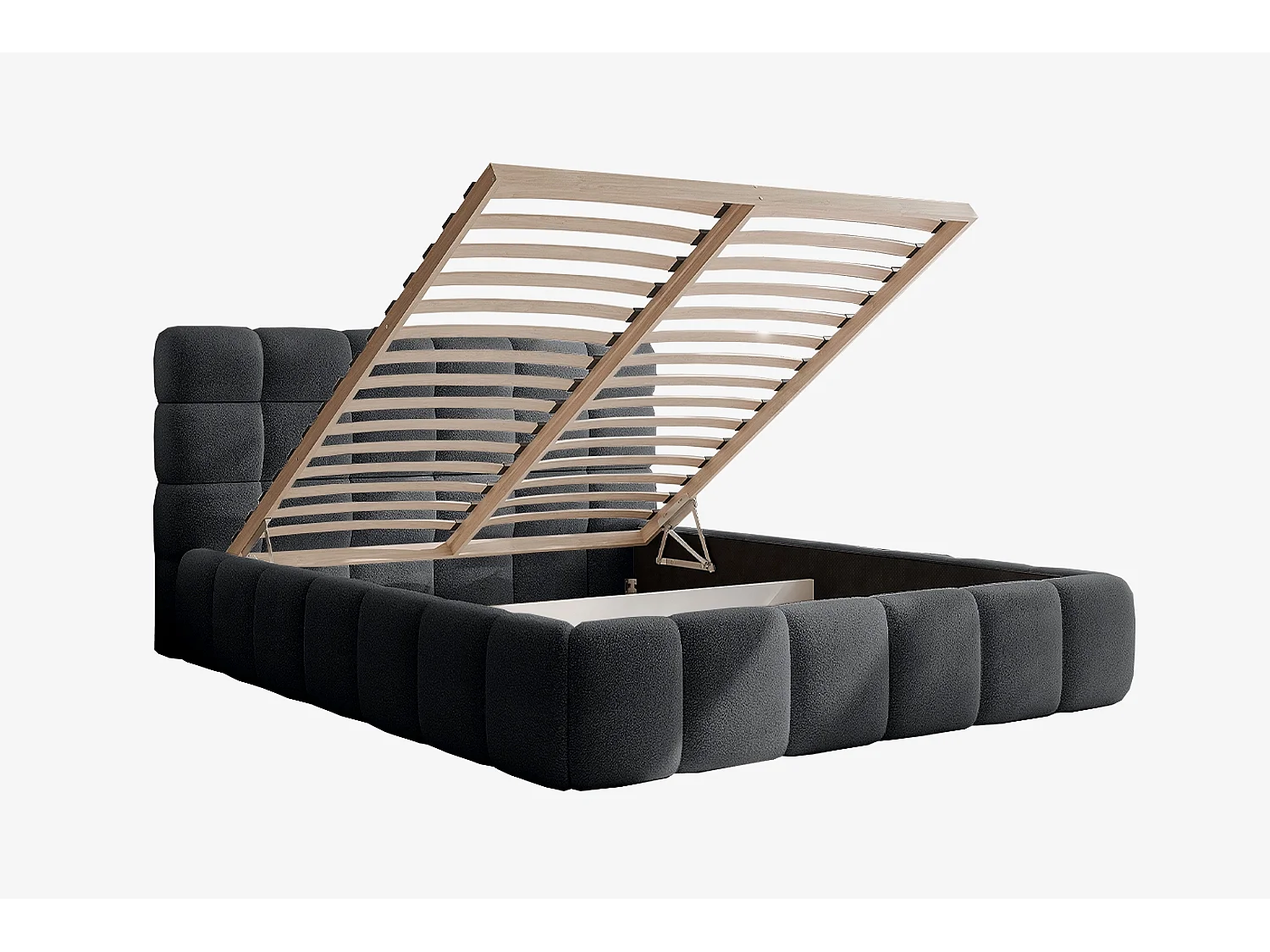 Lit capitonné MNUUO CHOCCO avec coffre de rangement, gris foncé, 180 x 200 cm, sommier à lattes en bois relevable