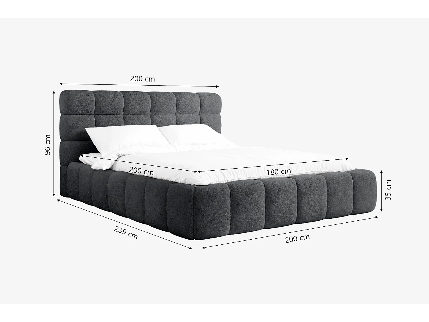 Lit capitonné MNUUO CHOCCO avec coffre de rangement, gris foncé, 180 x 200 cm, sommier à lattes en bois relevable