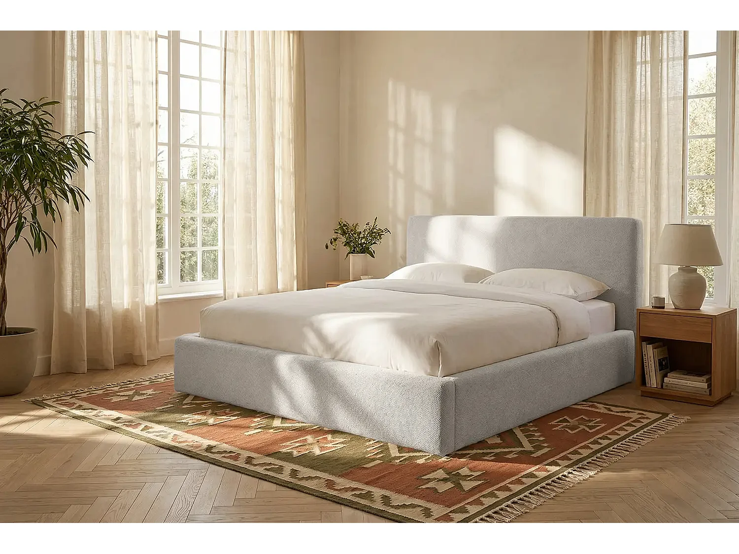 Lit capitonné MNUUO ROOZA avec coffre de rangement, gris clair, 160 x 200 cm, sommier à lattes en bois relevable
