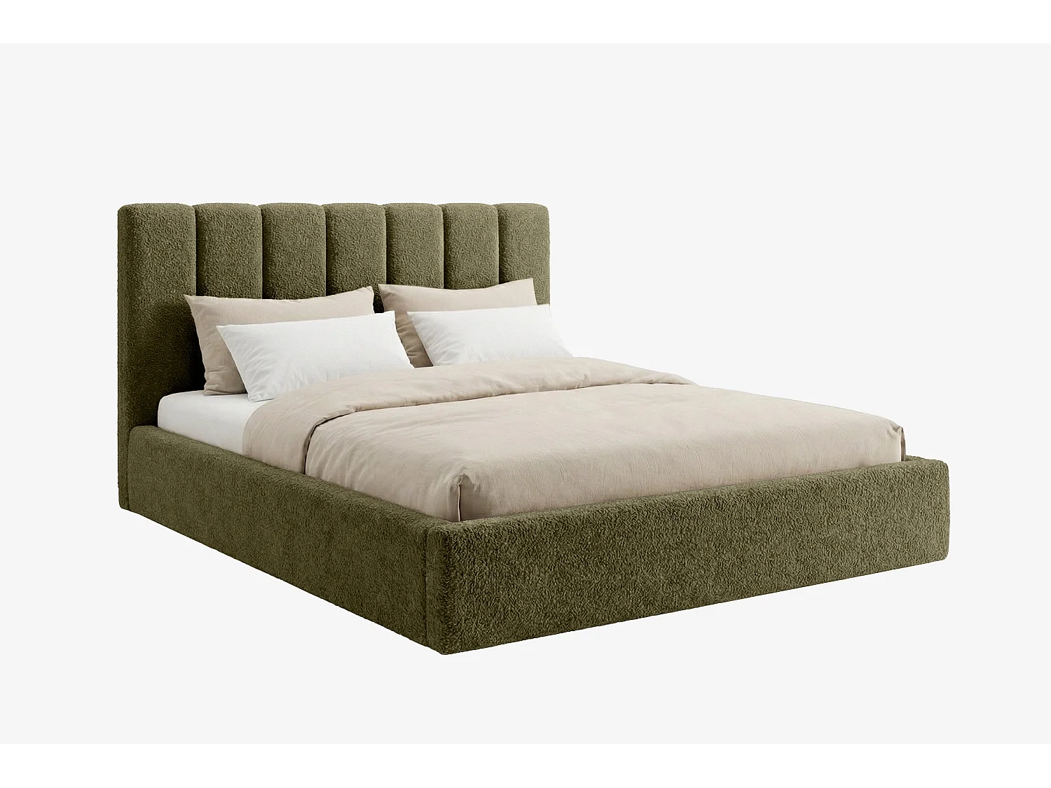 Lit capitonné MNUUO FELAA avec coffre de rangement Olive 180 x 200 cm, sommier à lattes en bois relevable