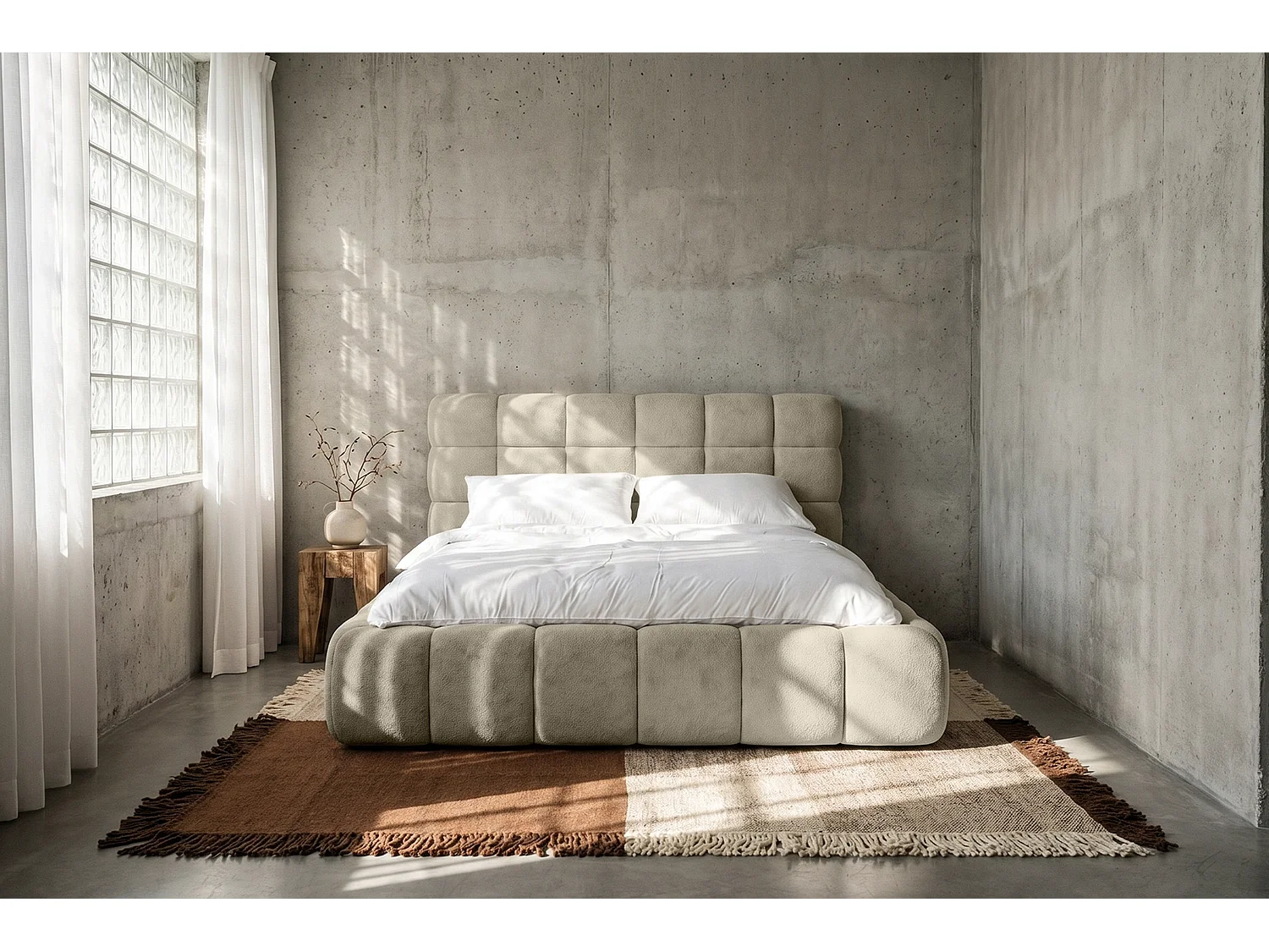 Lit capitonné MNUUO CHOCCO avec coffre de rangement, beige, 140 x 200 cm, sommier à lattes en bois relevable