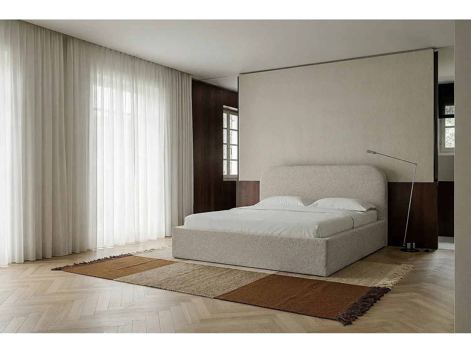 Lit capitonné MNUUO HOREO avec coffre de rangement, beige, 160 x 200 cm, sommier à lattes en bois relevable