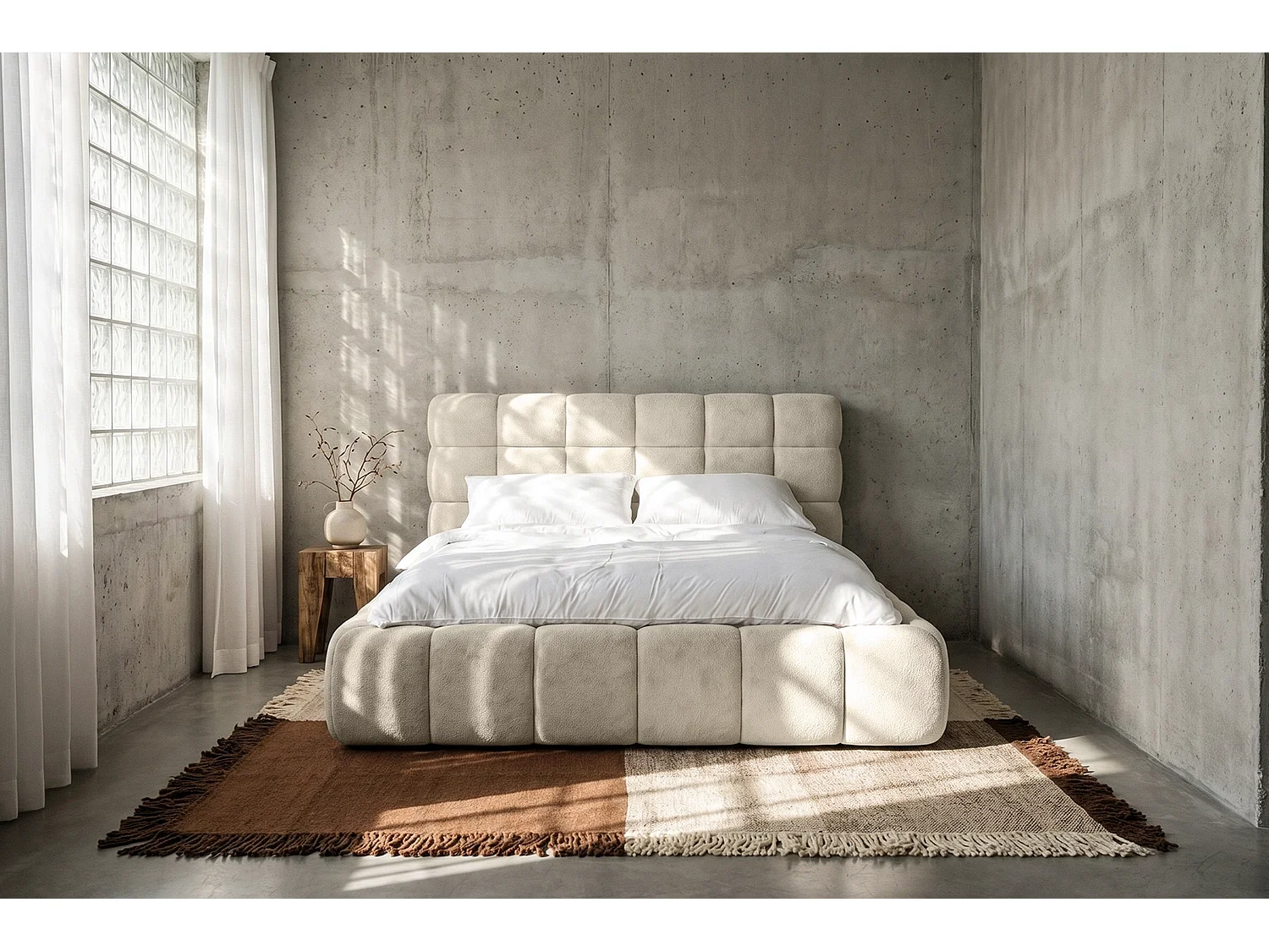 Lit capitonné MNUUO CHOCCO avec coffre de rangement, crème, 140 x 200 cm, sommier à lattes en bois relevable